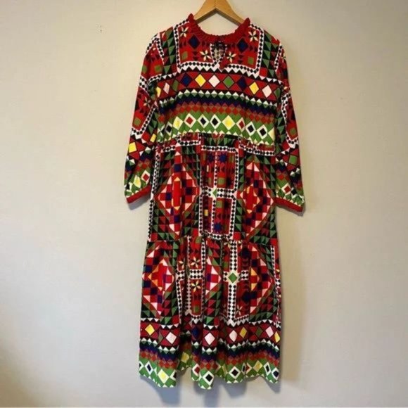 Hand stitched patchwork pattern tribal printed tiered maxi dress size L - Picture 4 of 7